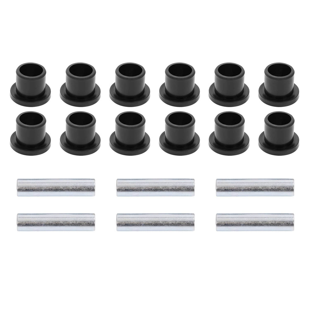 Leaf spring bushing set: multiple black rubber bushings with silver metal pins and sleeves