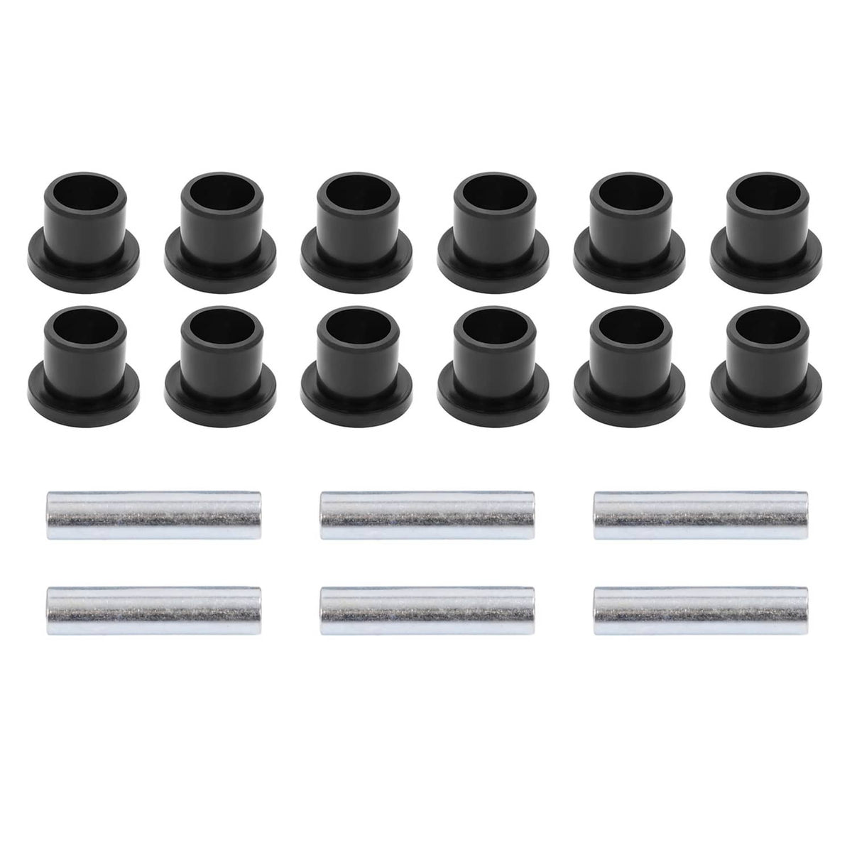 Leaf spring bushing set: multiple black rubber bushings with silver metal pins and sleeves