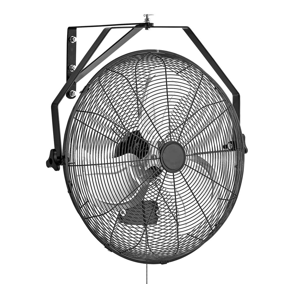 Industrial wall-mount fan angled view with black wire grille and three blades