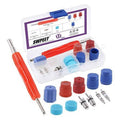 AC refrigerant valve core set with red remover tool and blue/red valve caps