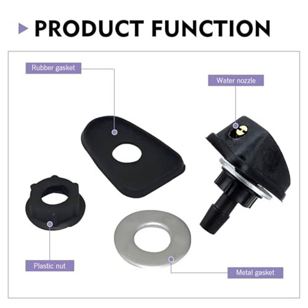 Windshield washer nozzle kit with gaskets, plastic nut, and metal sealing ring