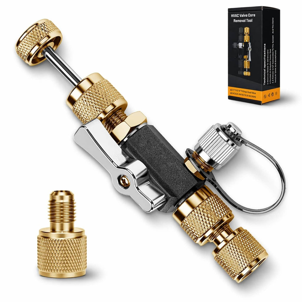 HVAC valve core removal tool with brass knurled ends, black lever body, and adapter