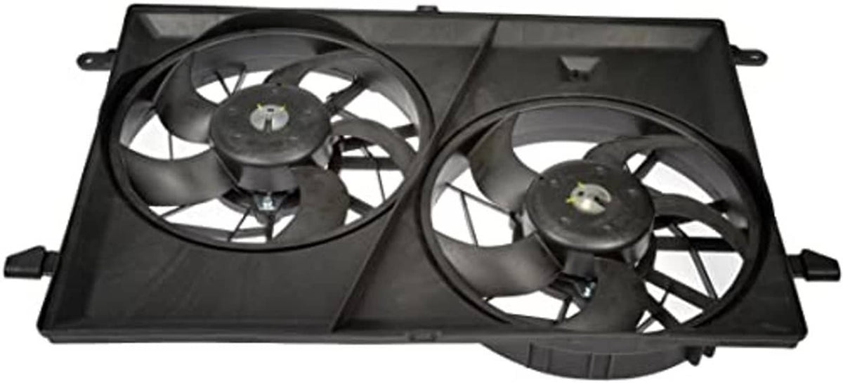 Engine cooling fan assembly with two circular fan motors in a black shroud