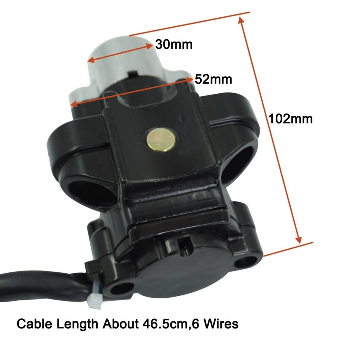 Black ignition lock switch body with metal contacts and size diagram labels