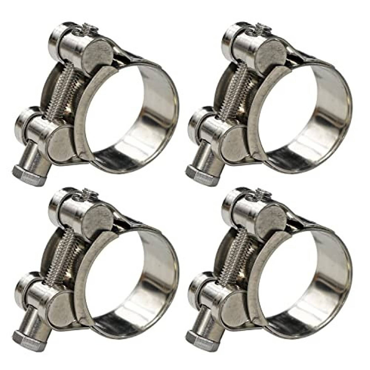 Four-pack stainless steel T-bolt hose clamps with tightening bolt and threaded band
