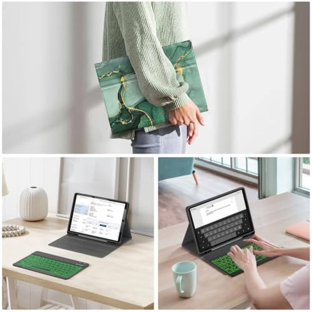 Green marble keyboard case on tablet, shown in use with folio cover and stand