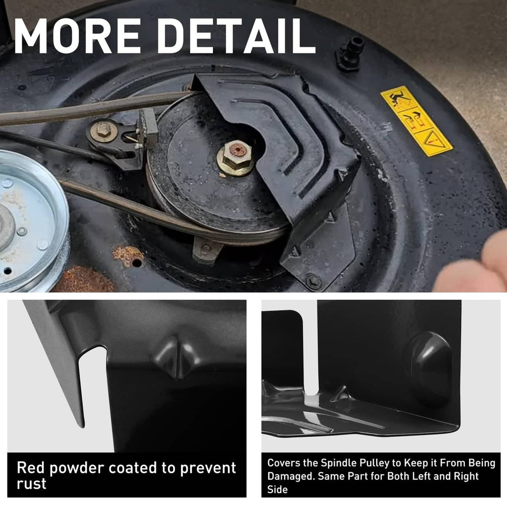 Black deck pulley belt guard cover close-up with mounting holes and curved shield