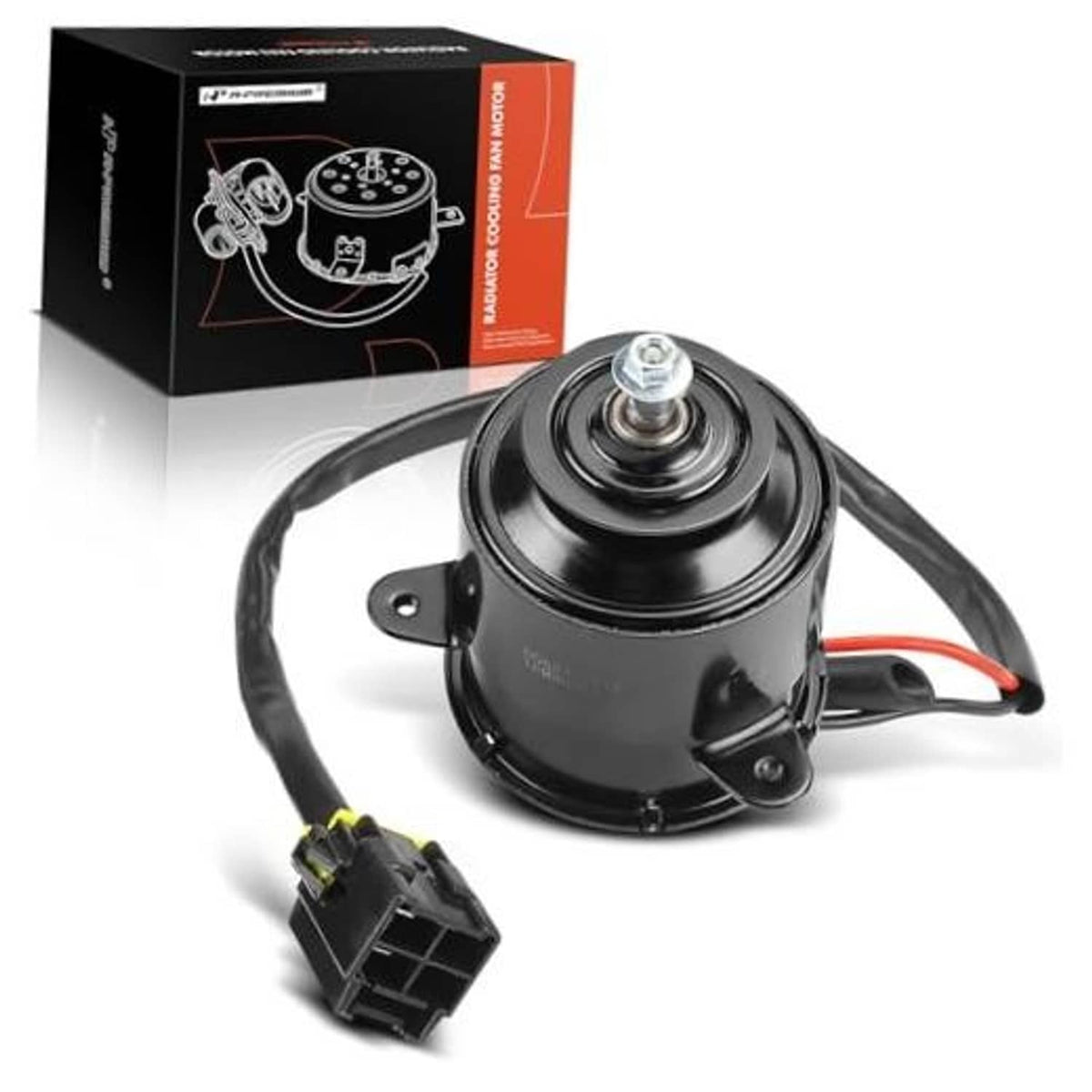 Black radiator fan motor with mounting bracket, connector, red/black wires, and box