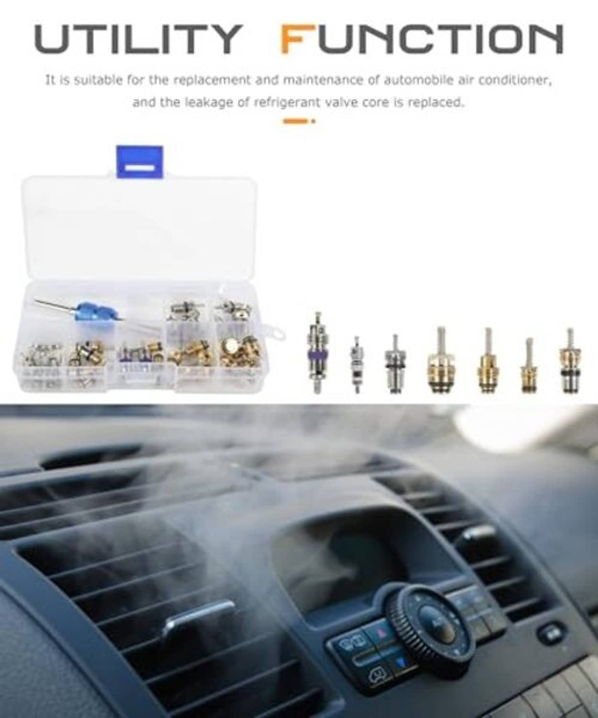 Car air conditioner valve core kit with clear case, brass cores, and tool