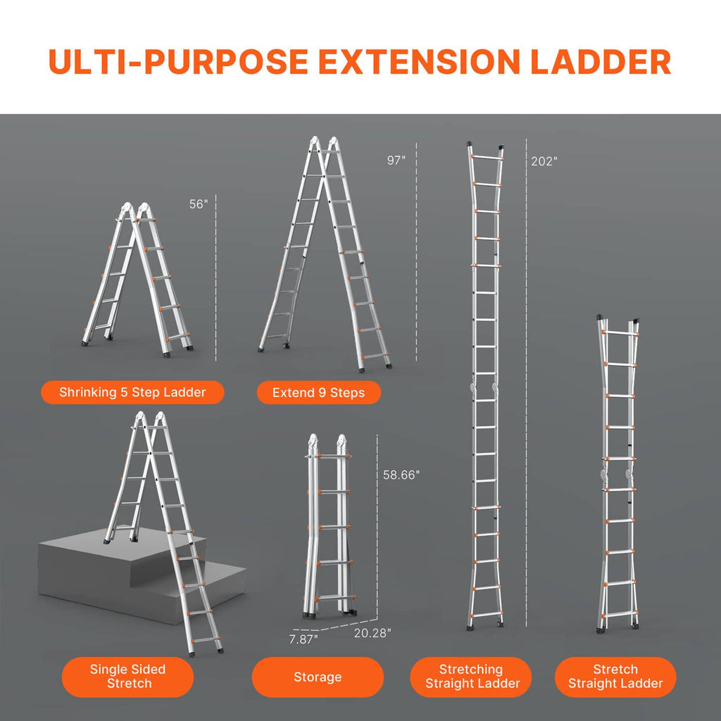 Gray multi-position extension ladder with orange rung accents, shown in multiple heights