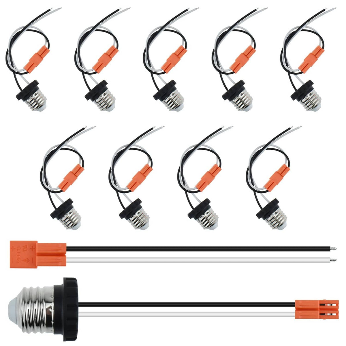 Set of E26 socket adapters with light orange terminal blocks and black screw bases