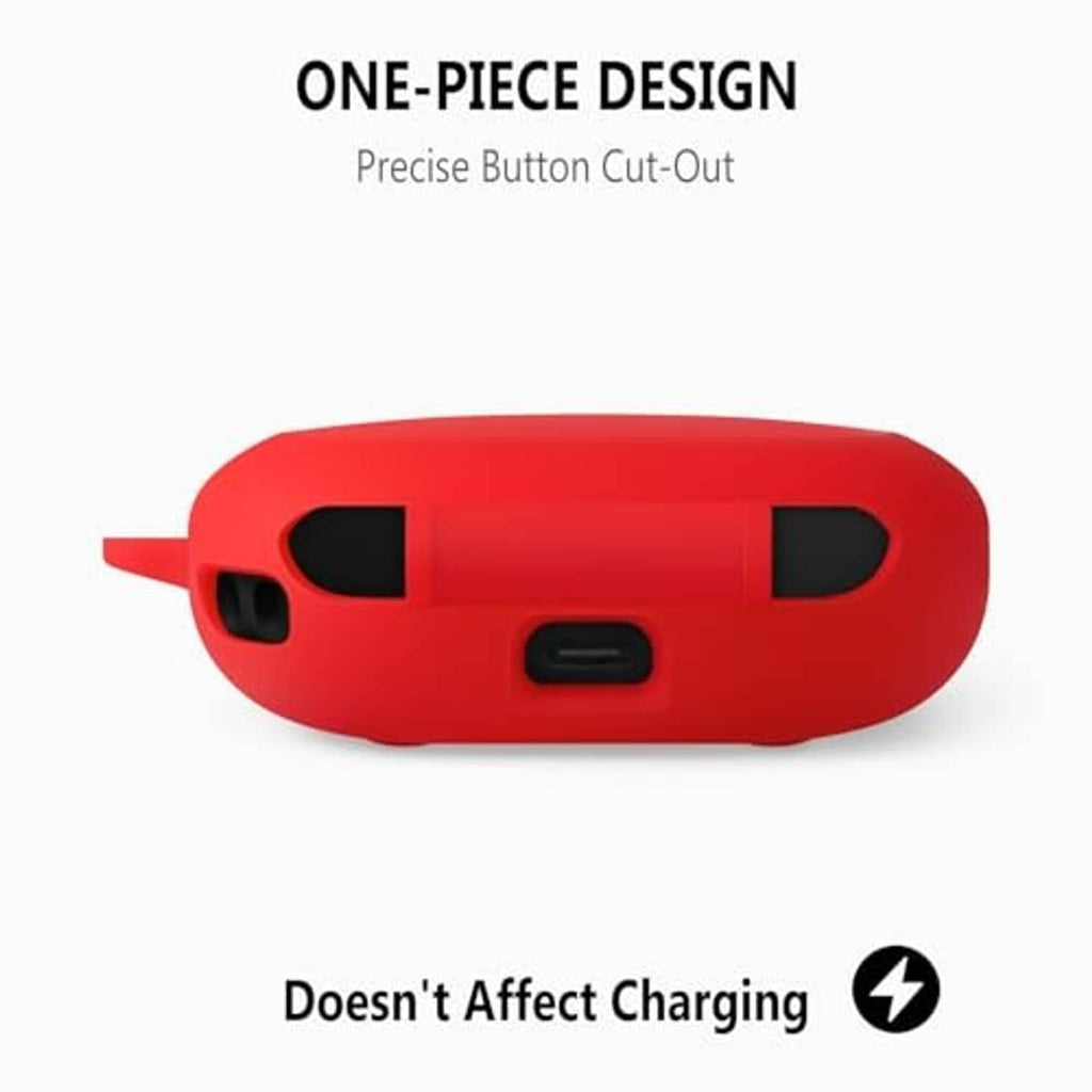 Red silicone earbud case with precise cutouts for buttons and port