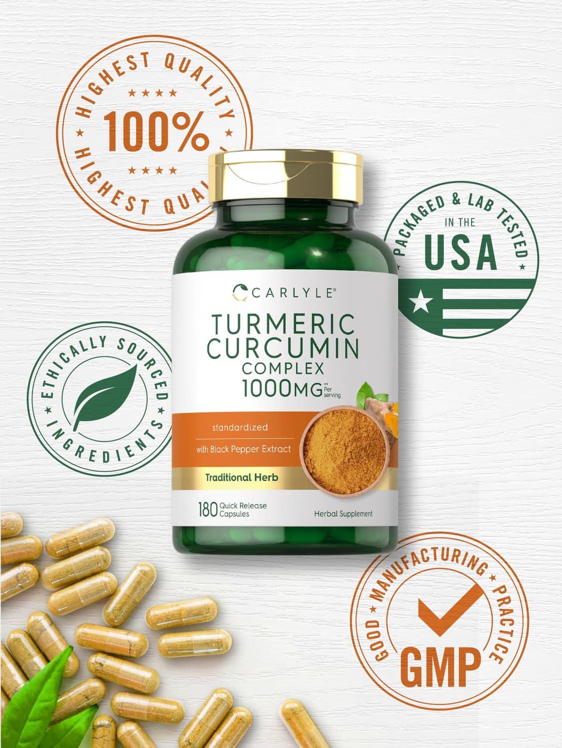 Carlyle turmeric curcumin complex 1000mg bottle with GMP and non-GMO pledge badges