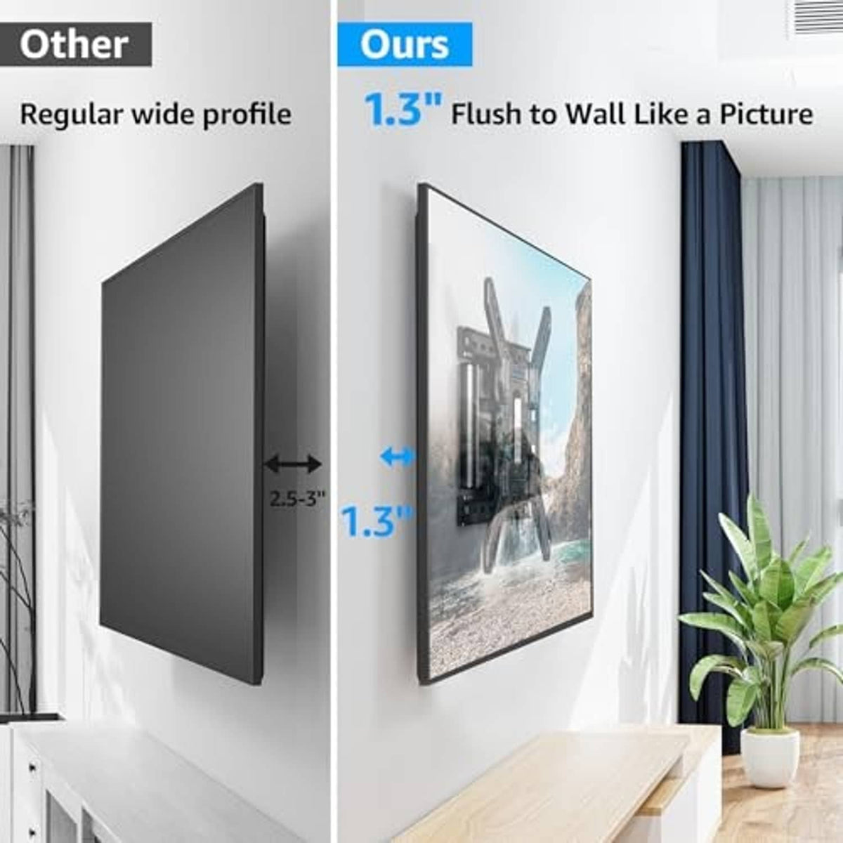Low-profile TV wall mount installed, ultra-slim black bracket for flat TV