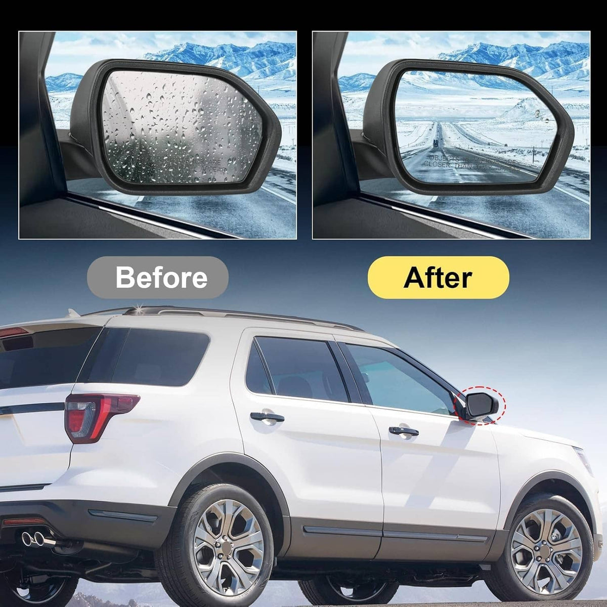 Side mirror with rain droplets on glass, shown mounted on SUV for before and after