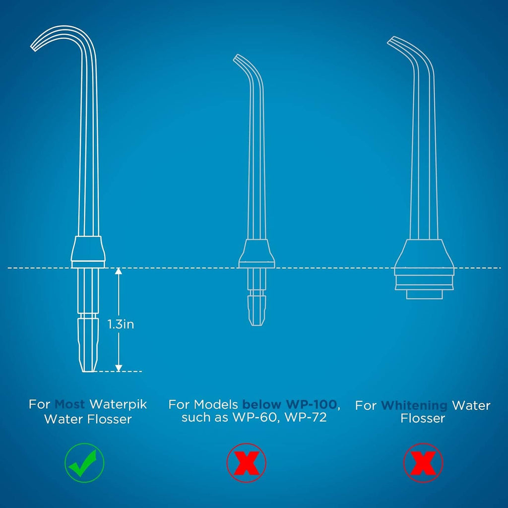 Water flosser replacement tips shown with curved neck and connector bases