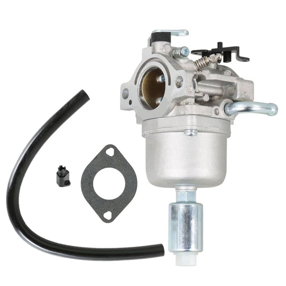Carburetor assembly with gasket and black fuel hose, silver metal body.