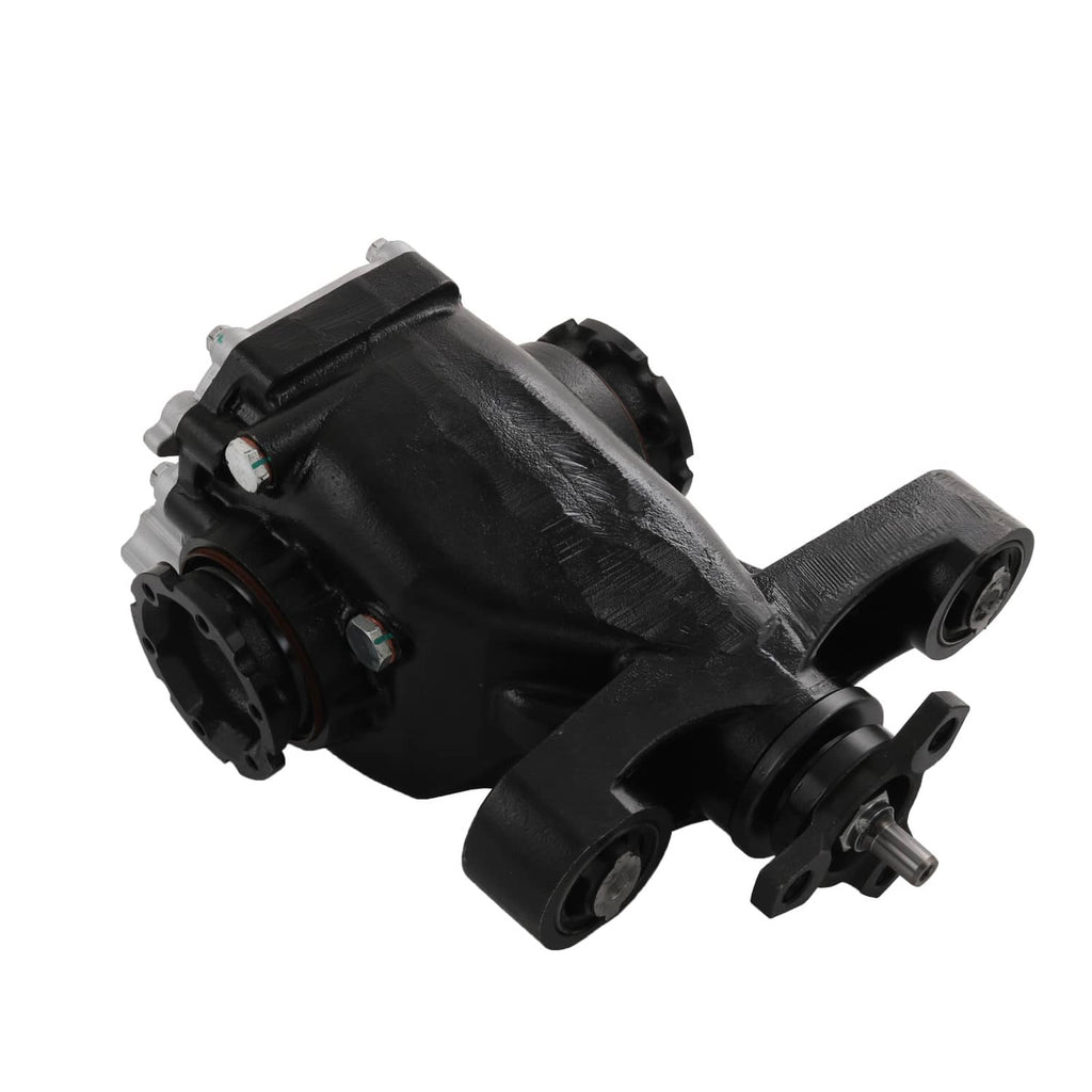 Rear differential carrier assembly, black housing with axle bearing supports and bolts