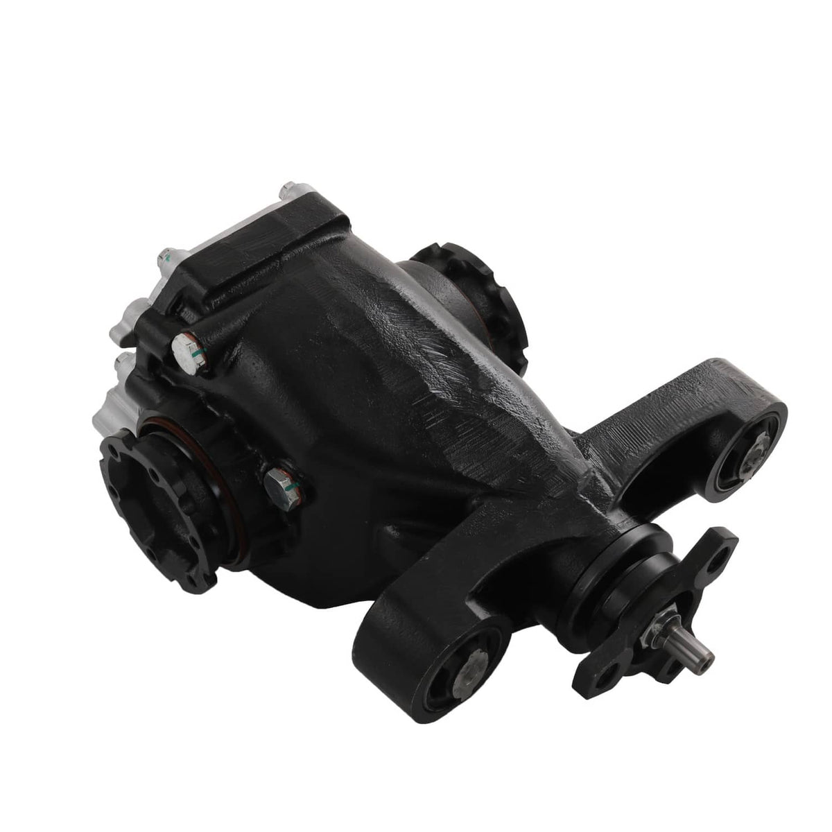 Rear differential carrier assembly, black housing with axle bearing supports and bolts