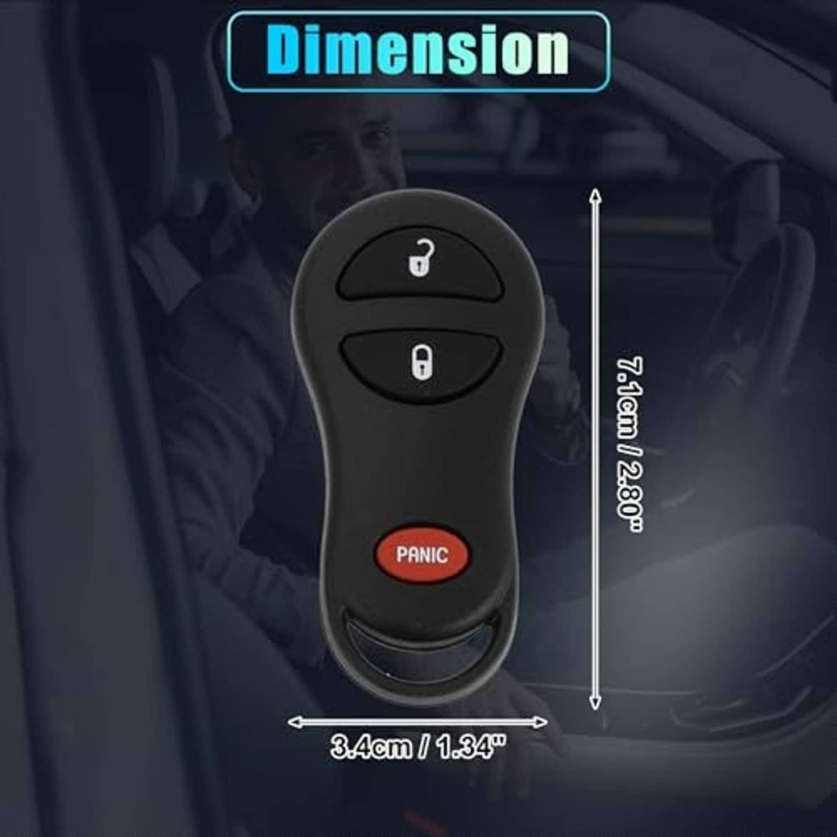 Black keyless entry key fob remote with lock, unlock, and red panic button.