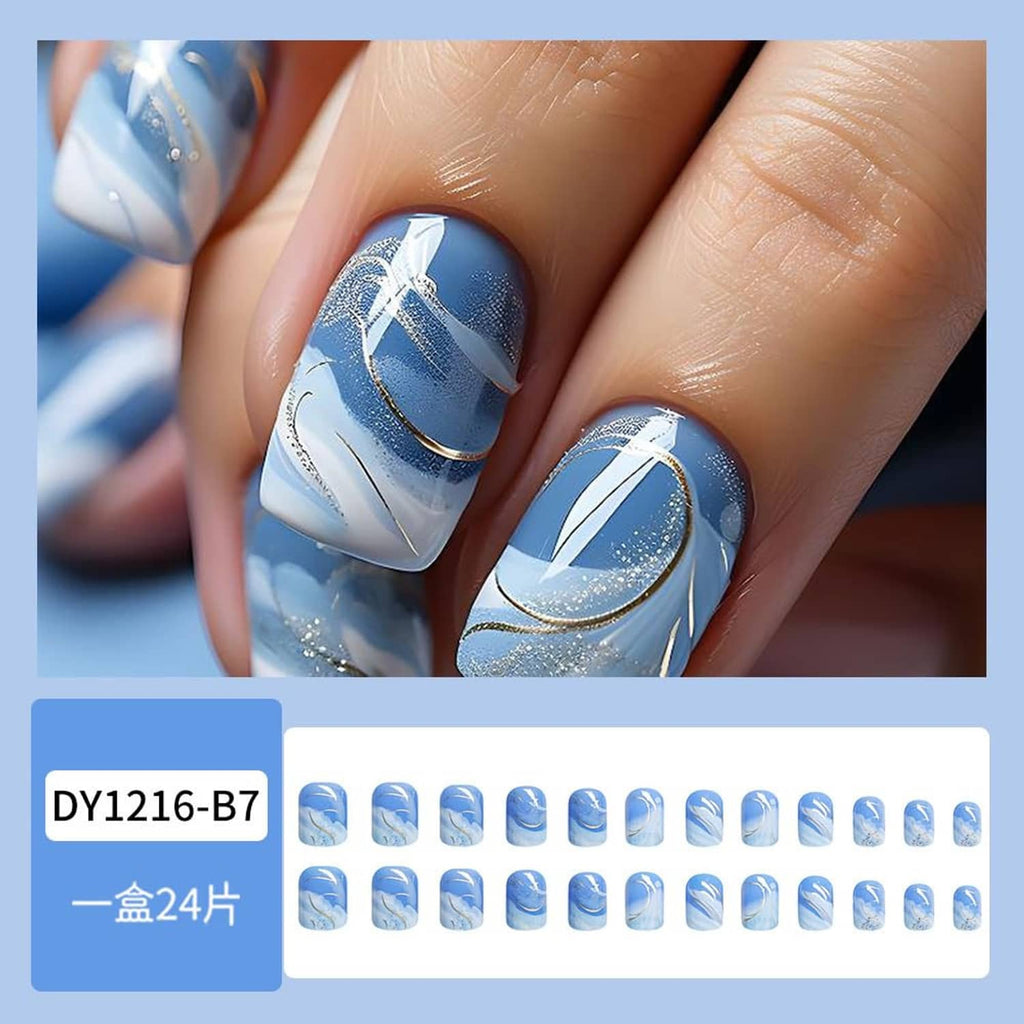 Short square press-on nails set card with blue gradient nails and white/gold accent designs