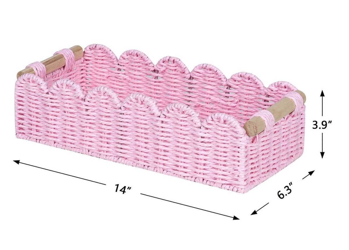 Pink paper rope scalloped-edge gift basket, 14 x 6.3 x 3.9 in (shown with measurements)