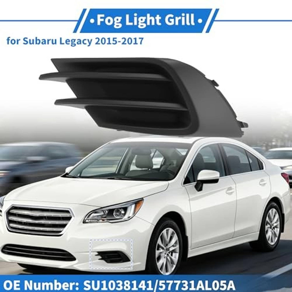 Left front fog light grille with dark slats and curved outer frame in black plastic.