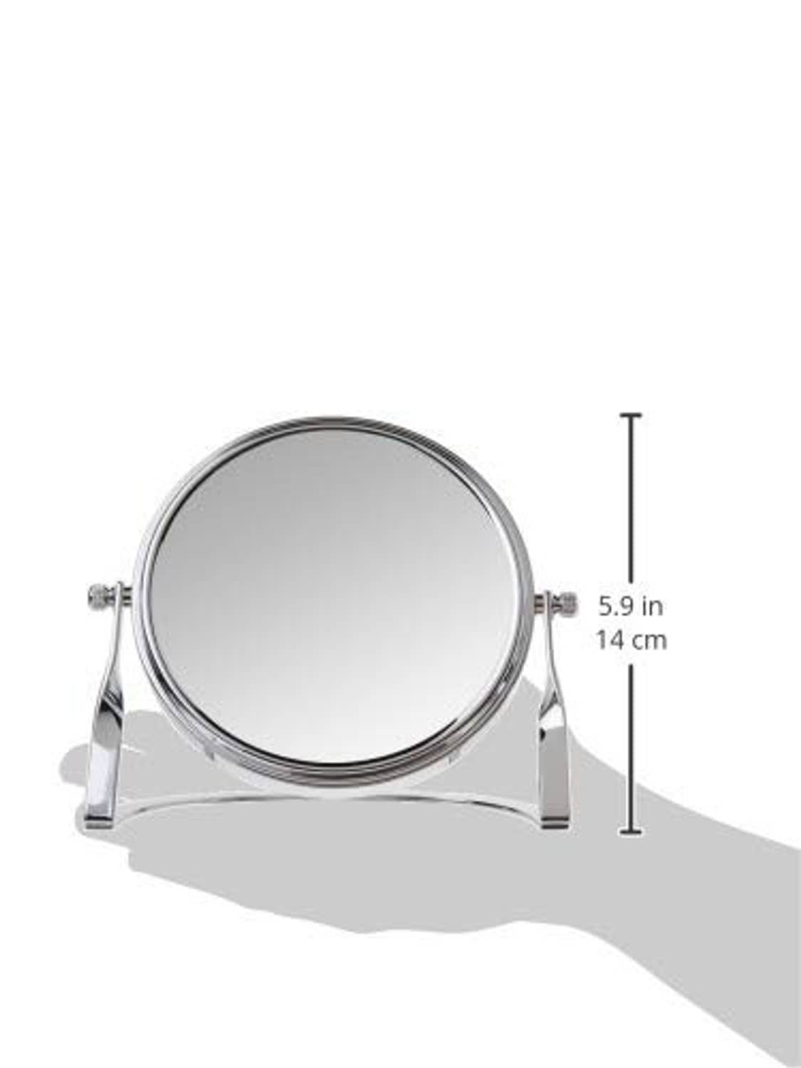 Round tabletop vanity makeup mirror with chrome frame and folding stand, 14 cm size