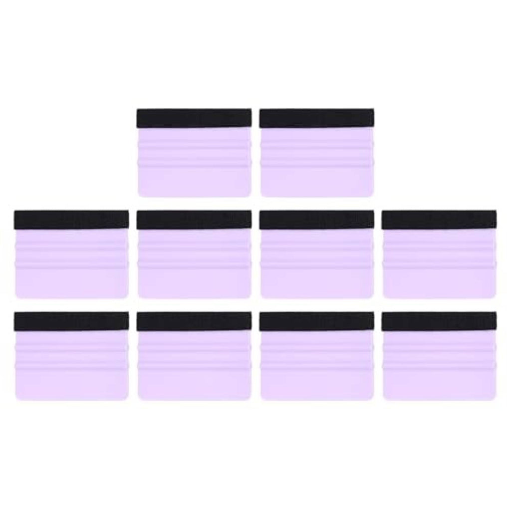 Purple felt-edge vinyl squeegees, black back strip, front view of multiple pieces