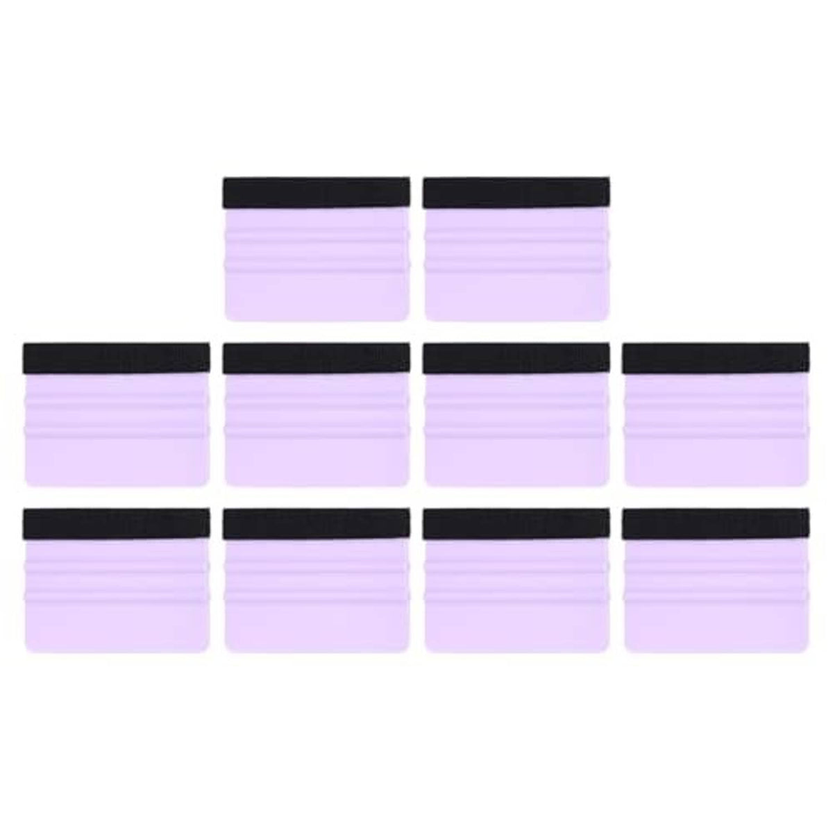 Purple felt-edge vinyl squeegees, black back strip, front view of multiple pieces