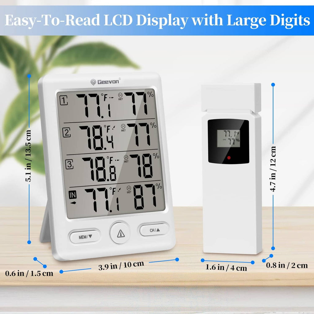 Wireless thermometer with large-digit LCD and one white remote sensor case with measurements