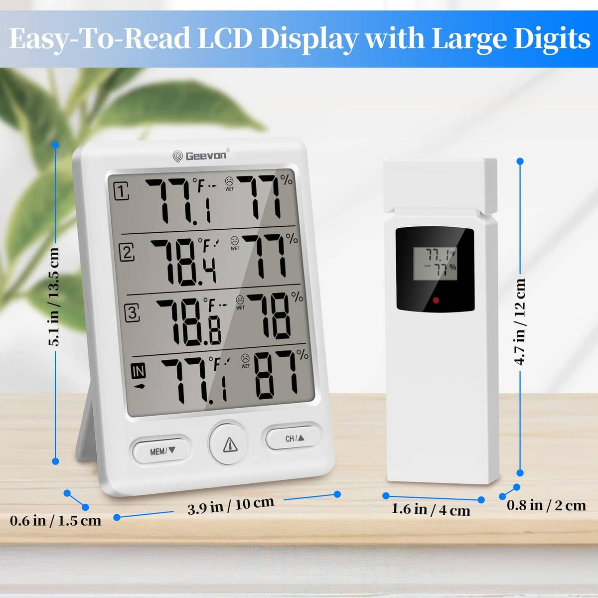 Wireless thermometer with large-digit LCD and one white remote sensor case with measurements