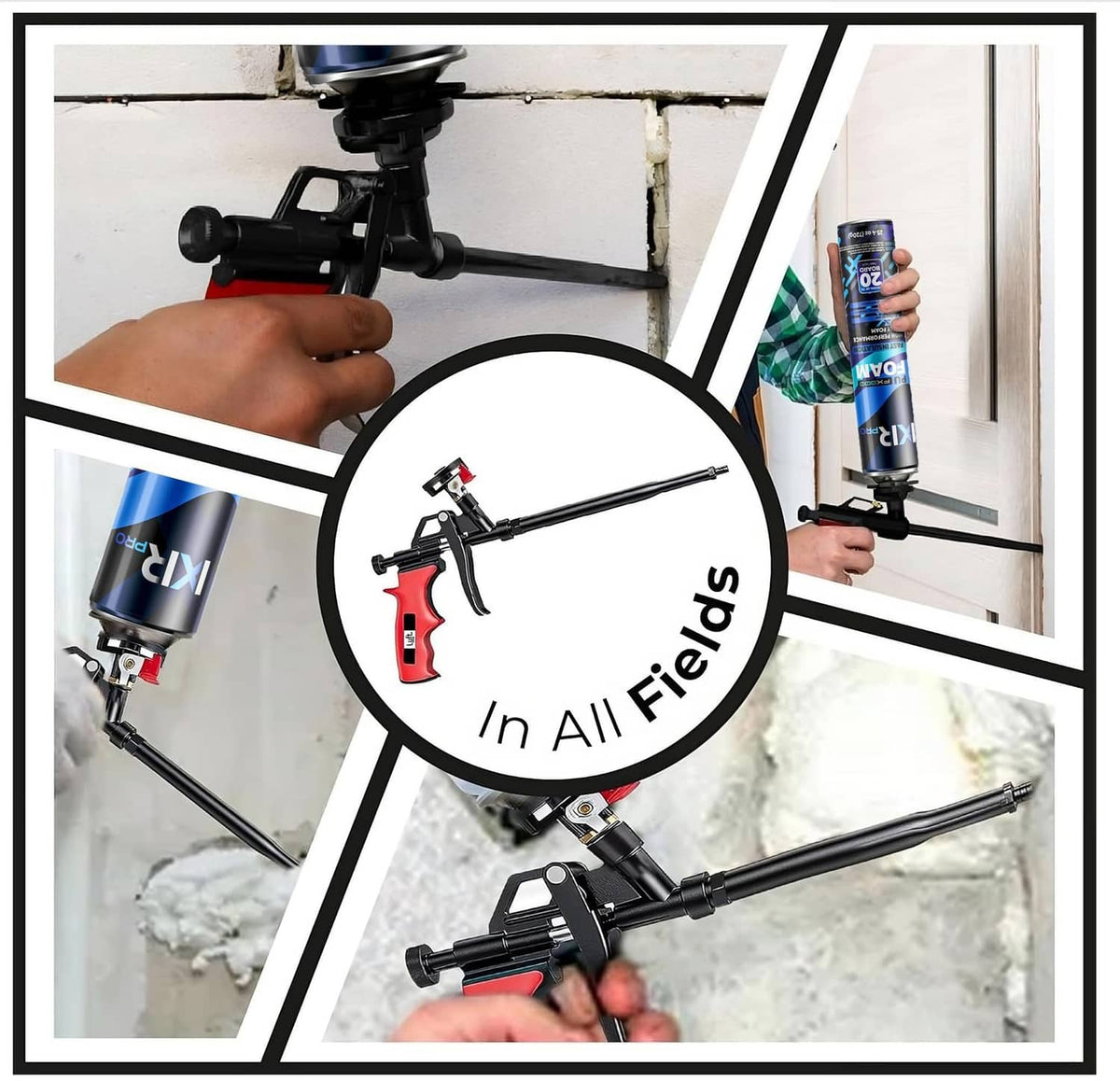 Expanding foam spray gun in hand with canister, dispensing foam into gaps