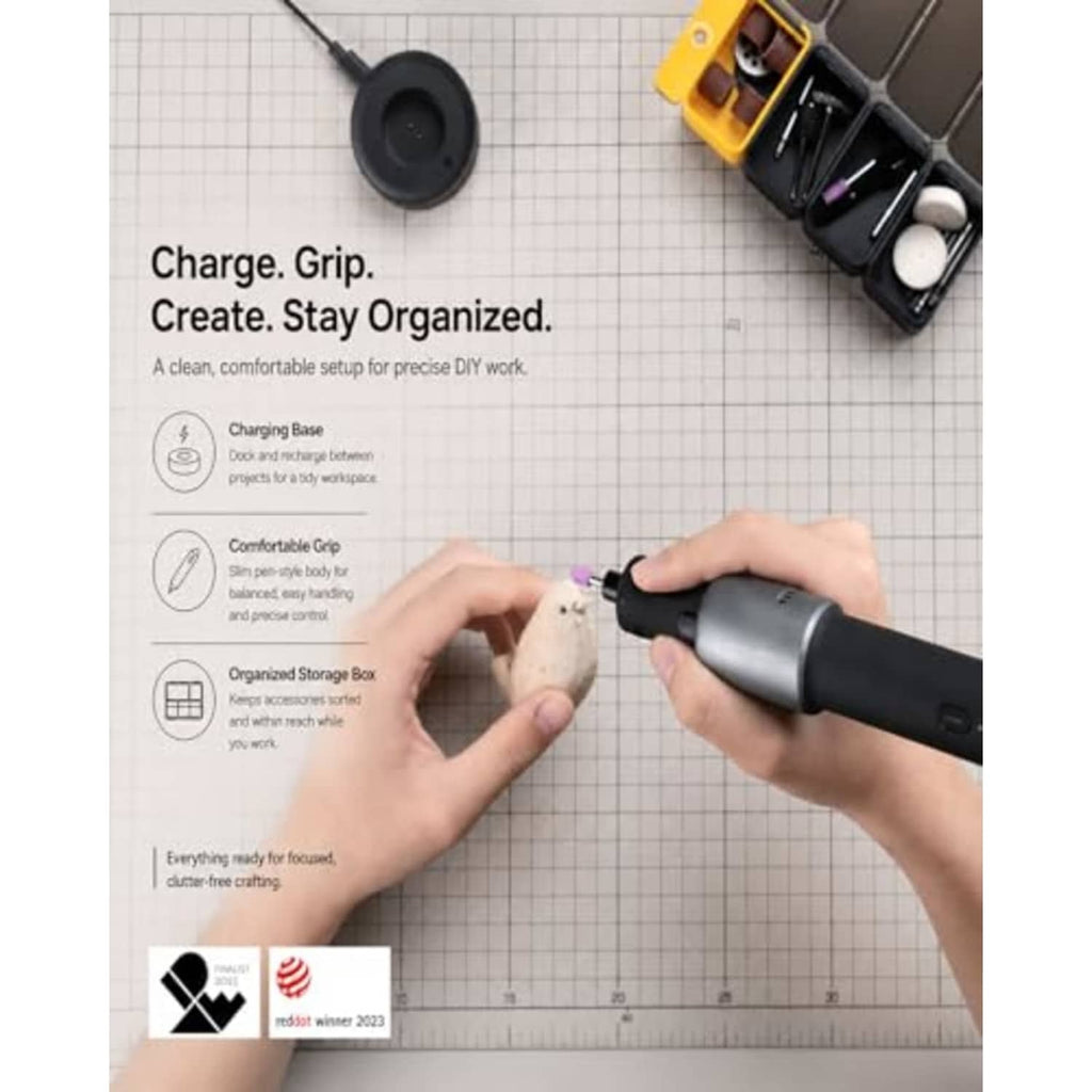 Cordless rotary tool accessory kit with charging base, storage box, and grip organizer