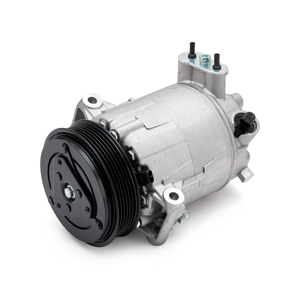 Air conditioning compressor with clutch pulley and silver housing, front three-quarter view.