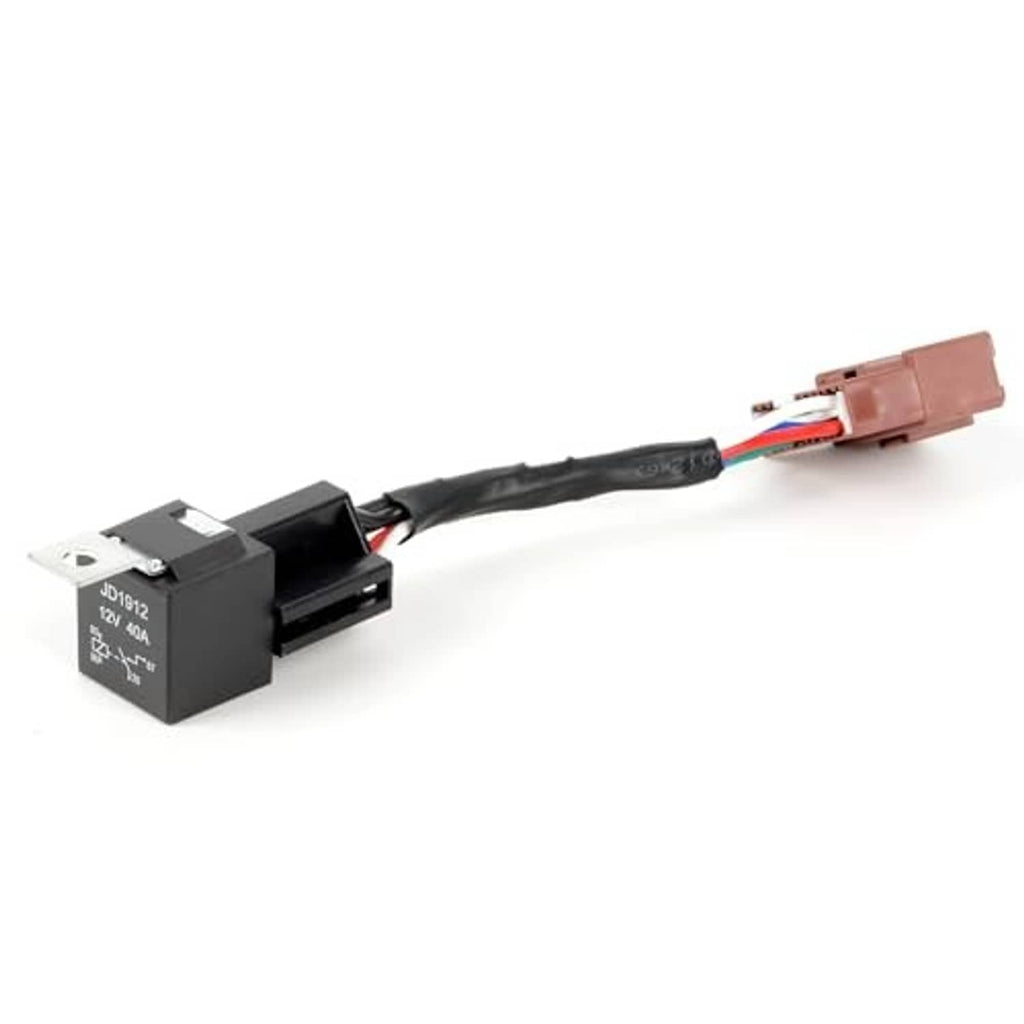 Side view of 4-pin relay conversion kit with black relay and wire harness