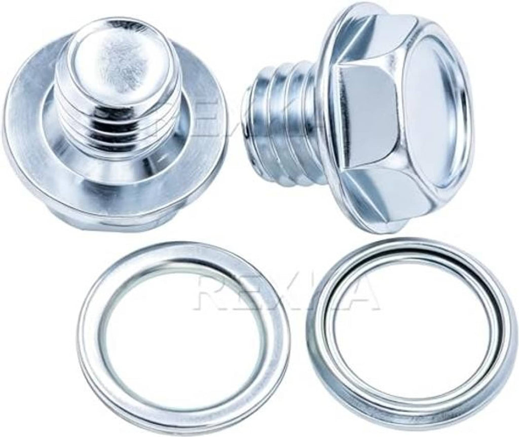 Transmission drain plug set with gaskets, two chrome silver plugs with two round seal rings
