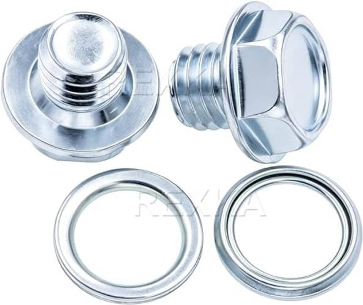 Transmission drain plug set with gaskets, two chrome silver plugs with two round seal rings