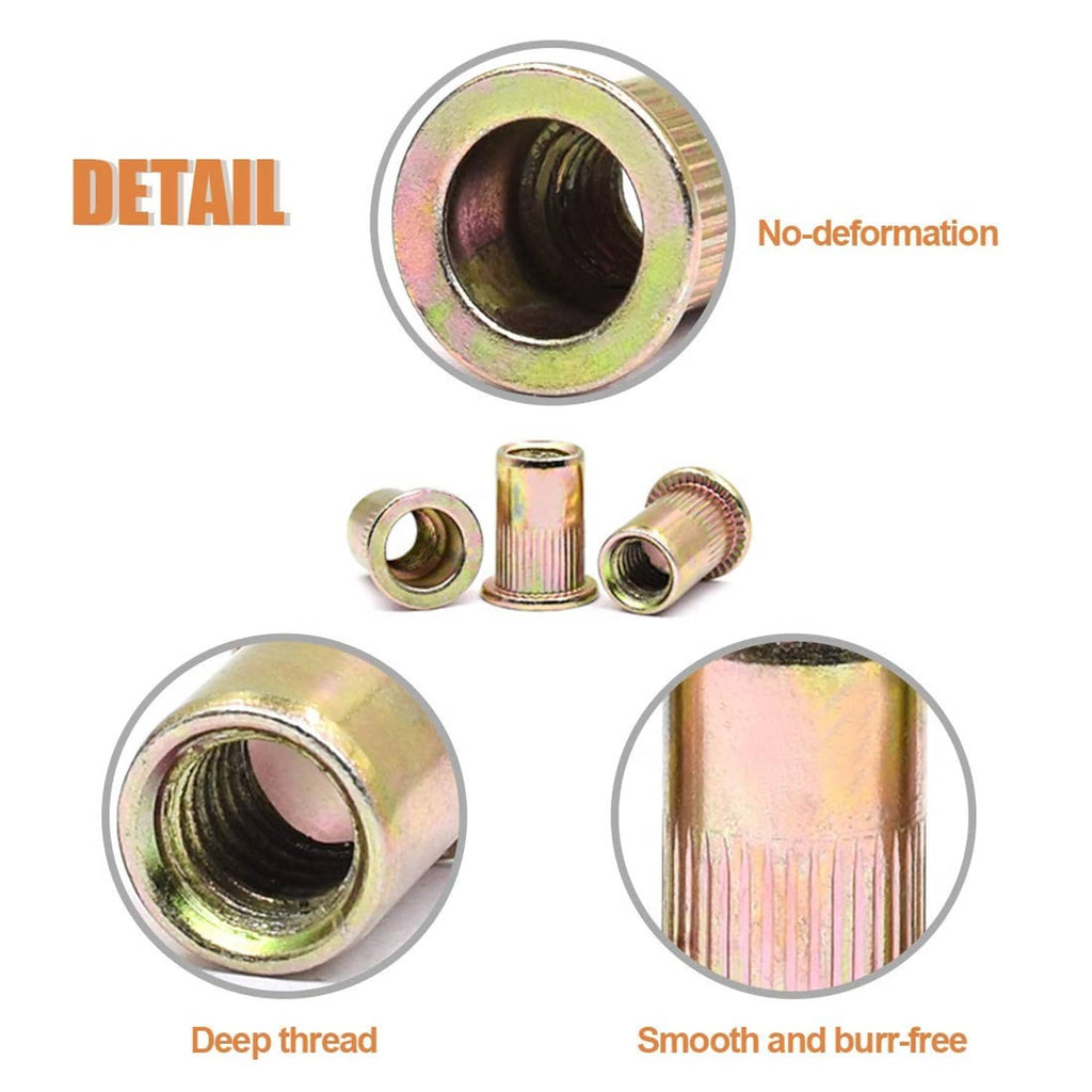 M8 rivet nut detail with deep inner threads and smooth, burr-free outer rim, zinc plated