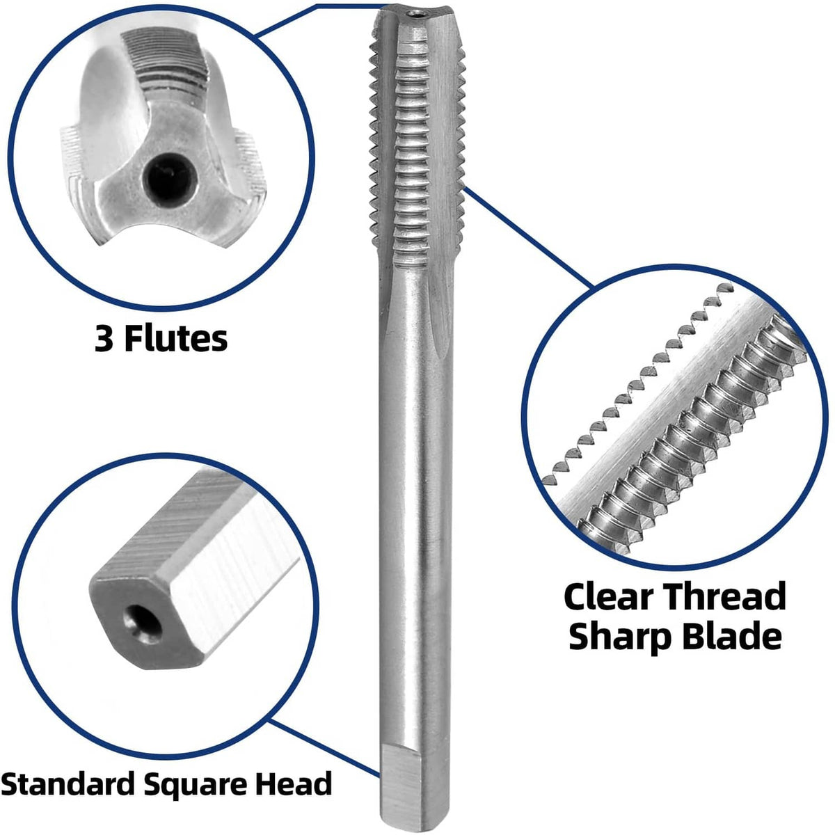 Left-hand threaded tap with square drive head, silver steel tool with flutes
