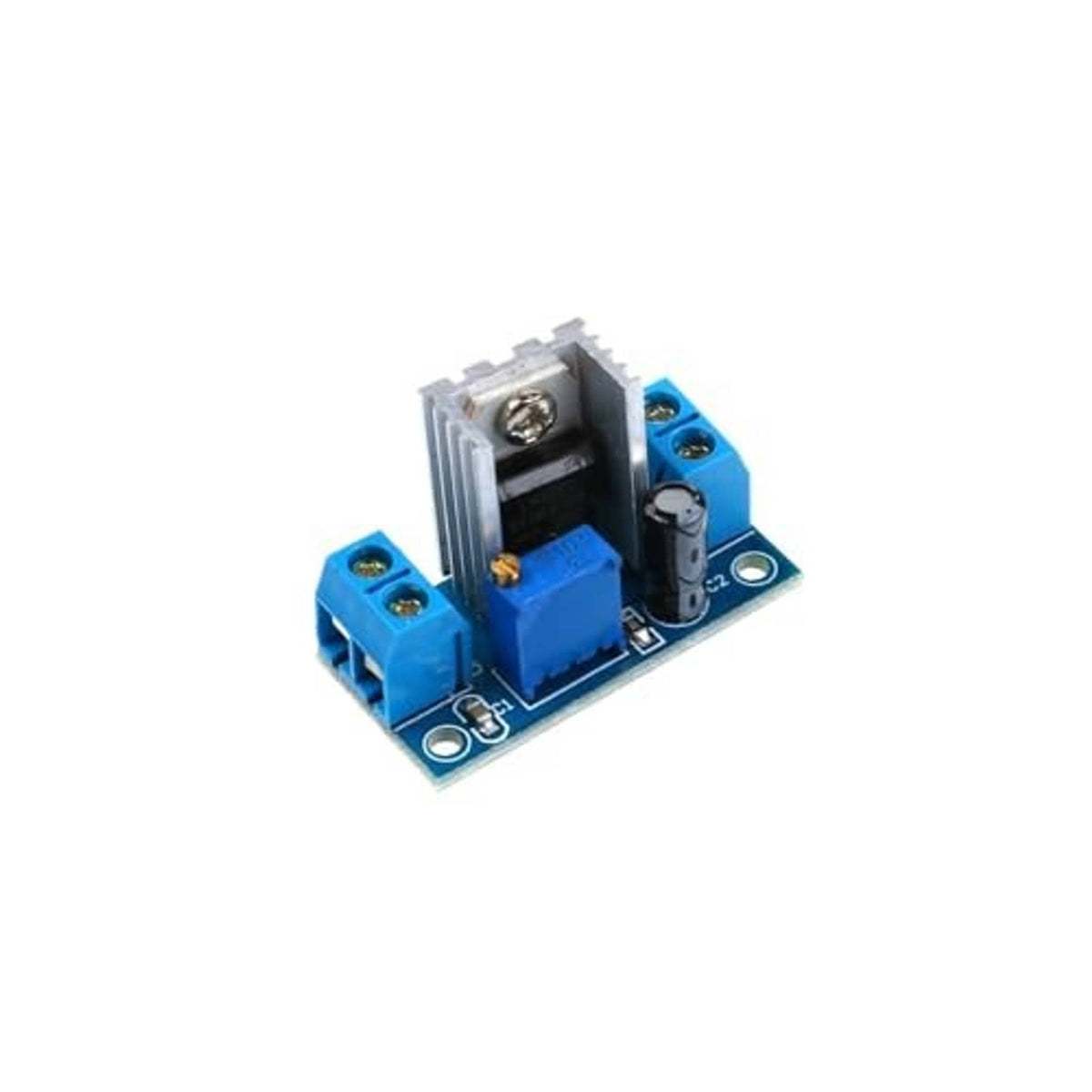 LM317 regulator module PCB with blue screw terminals and vertical heat sink