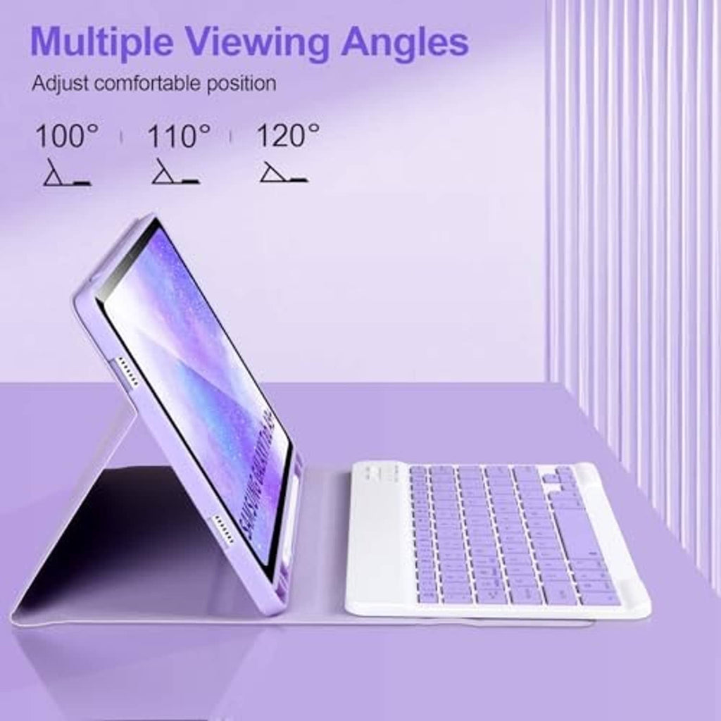 Purple folio keyboard case displaying multiple viewing angles with keyboard