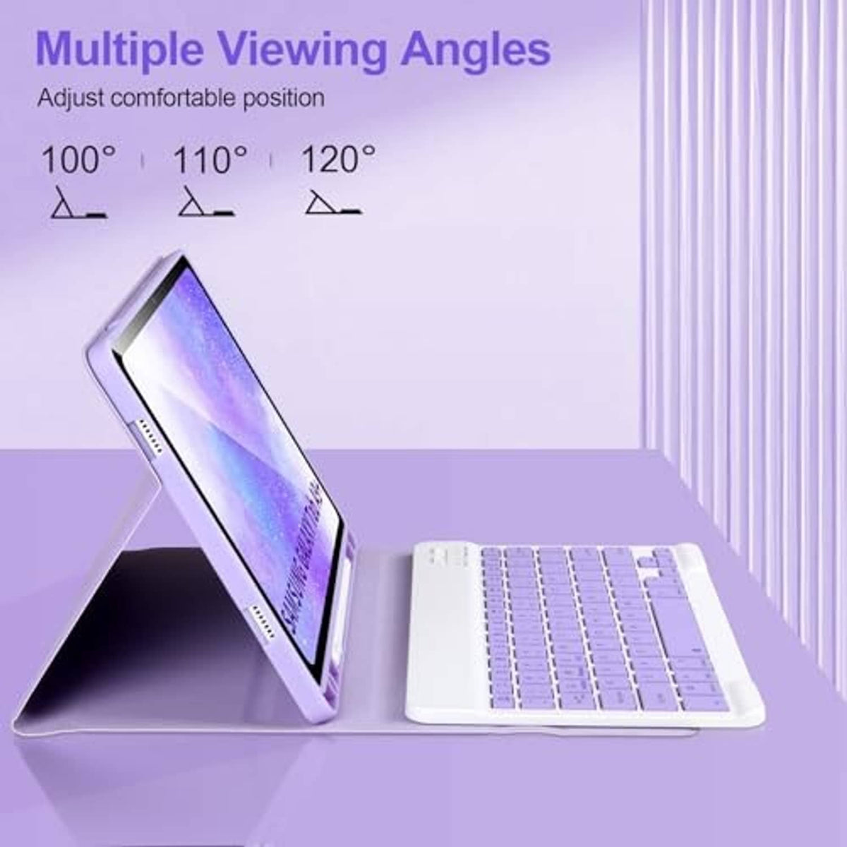Purple folio keyboard case displaying multiple viewing angles with keyboard