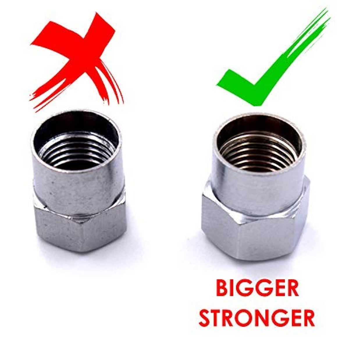Two threaded tire valve stem caps, chrome metal with internal rubber seal