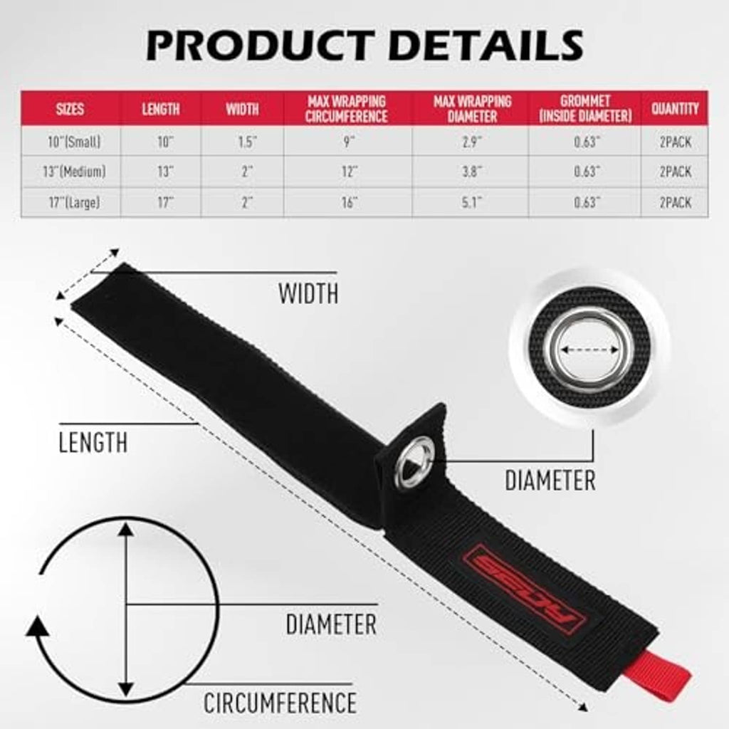 Black heavy-duty strap detail with diameter and circumference measurement diagram