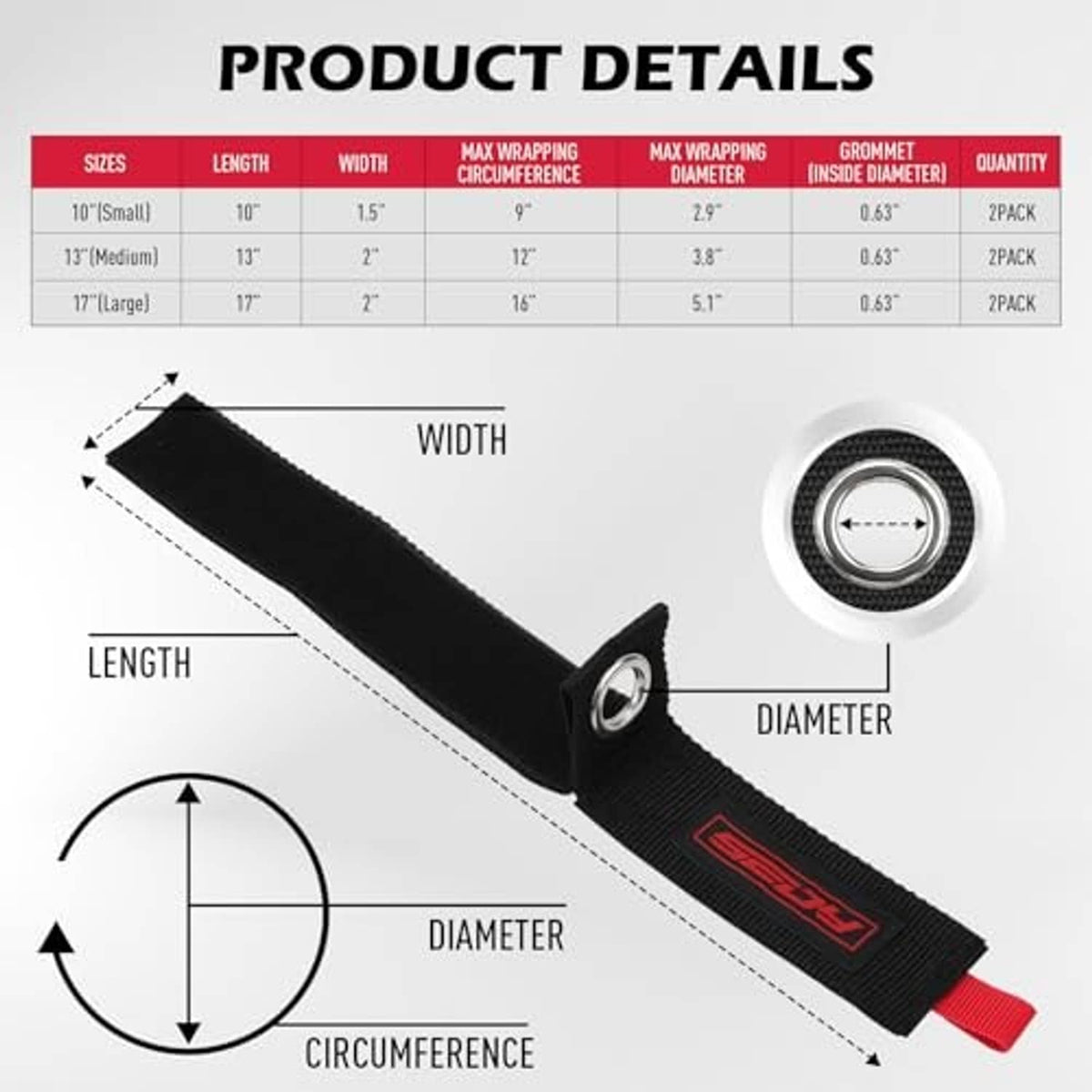 Black heavy-duty strap detail with diameter and circumference measurement diagram