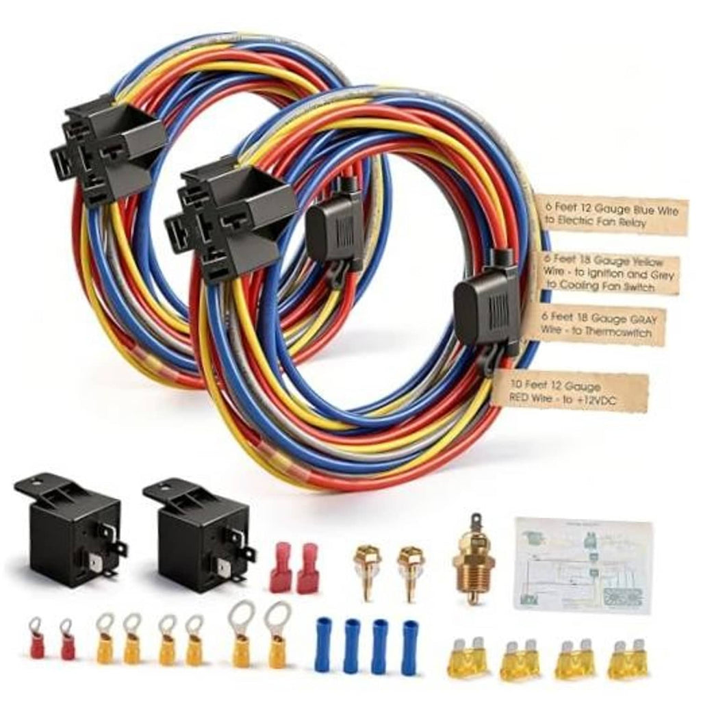 Dual electric fan relay wiring harness with colorful leads, connectors, fuses, and terminals