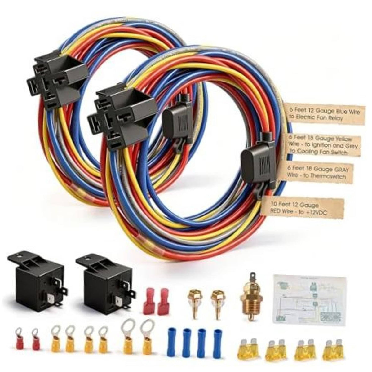Dual electric fan relay wiring harness with colorful leads, connectors, fuses, and terminals