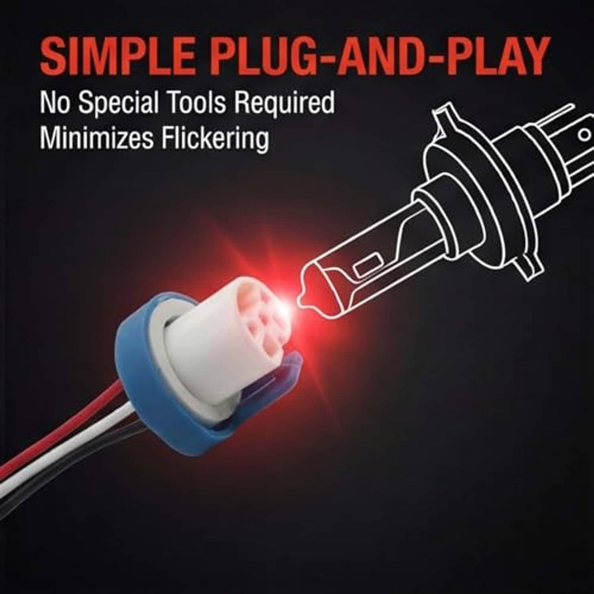 Headlight wiring harness plug with white 3-pin ceramic socket, blue collar, red/black leads