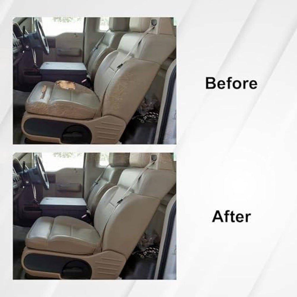 Beige leather seat cover replacement on front passenger seat before/after comparison
